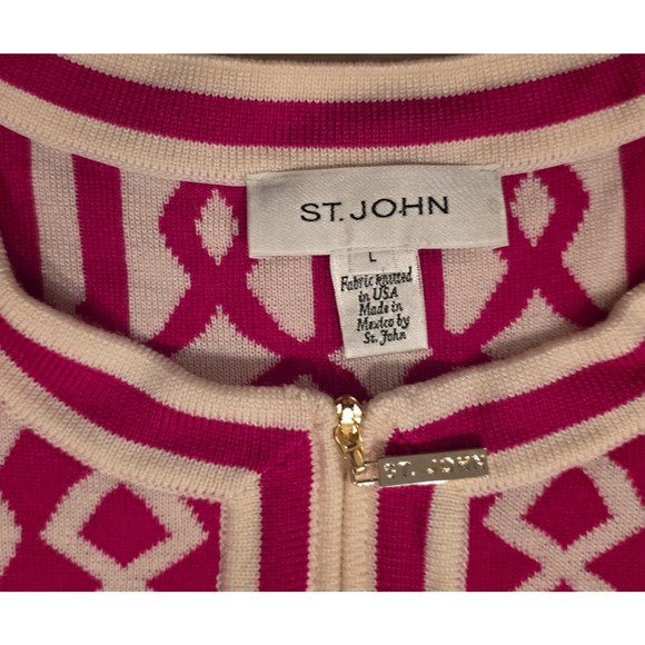 Vintage St John Pink White Knit Jacket Cardigan Zip Front Size Large USA READ - Picture 2 of 15